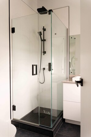 Shower, hair dryer, towels