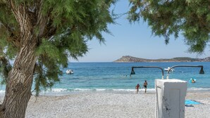 Une plage de galets, un arbre et une mer d’un bleu limpide.