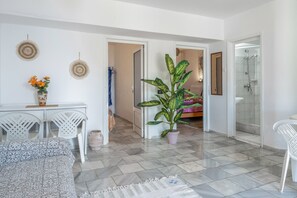 A room with a bed, a desk with chairs, a potted plant, and a shower area.