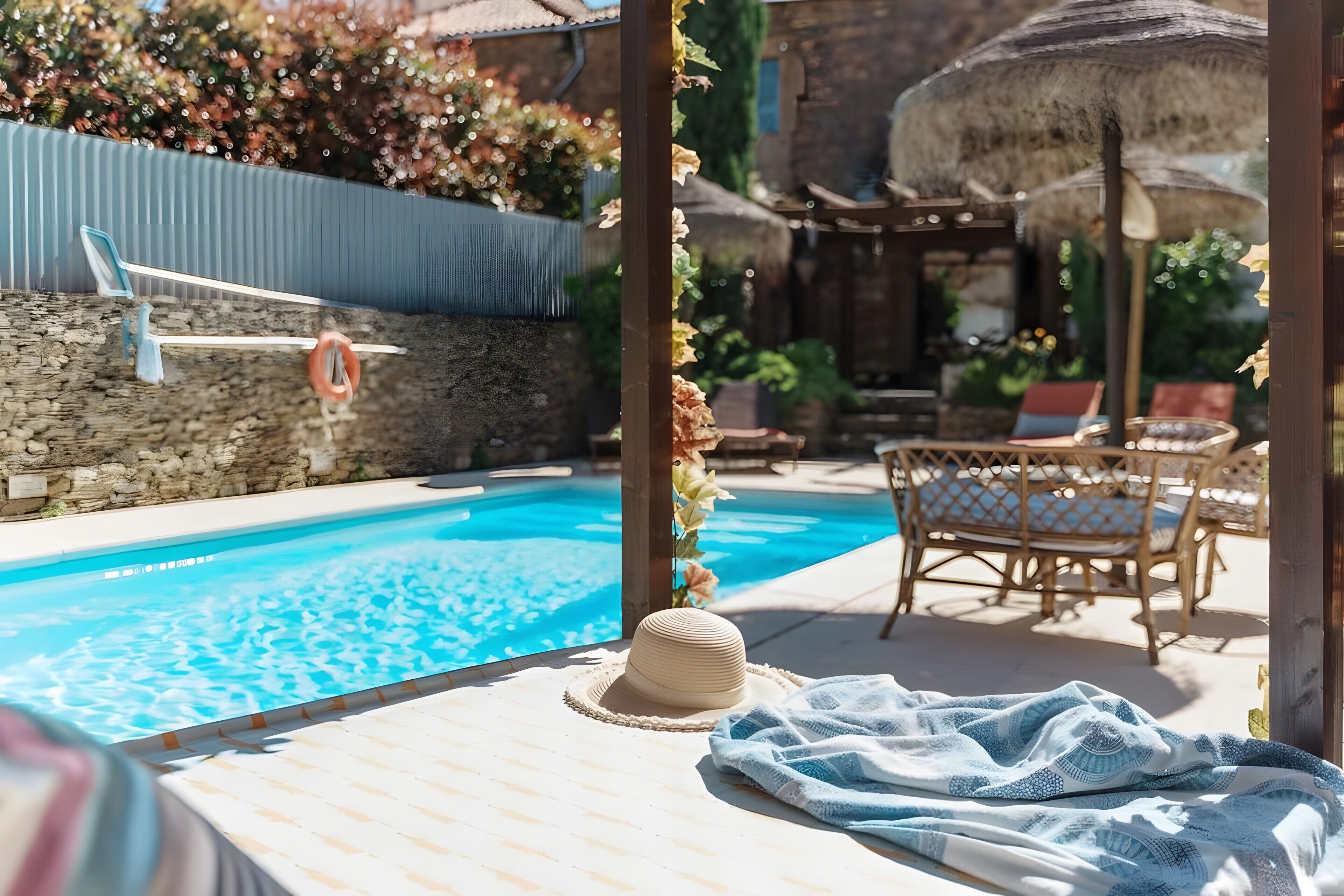 Piscina con sillas de descanso y un sombrero sobre una toalla.