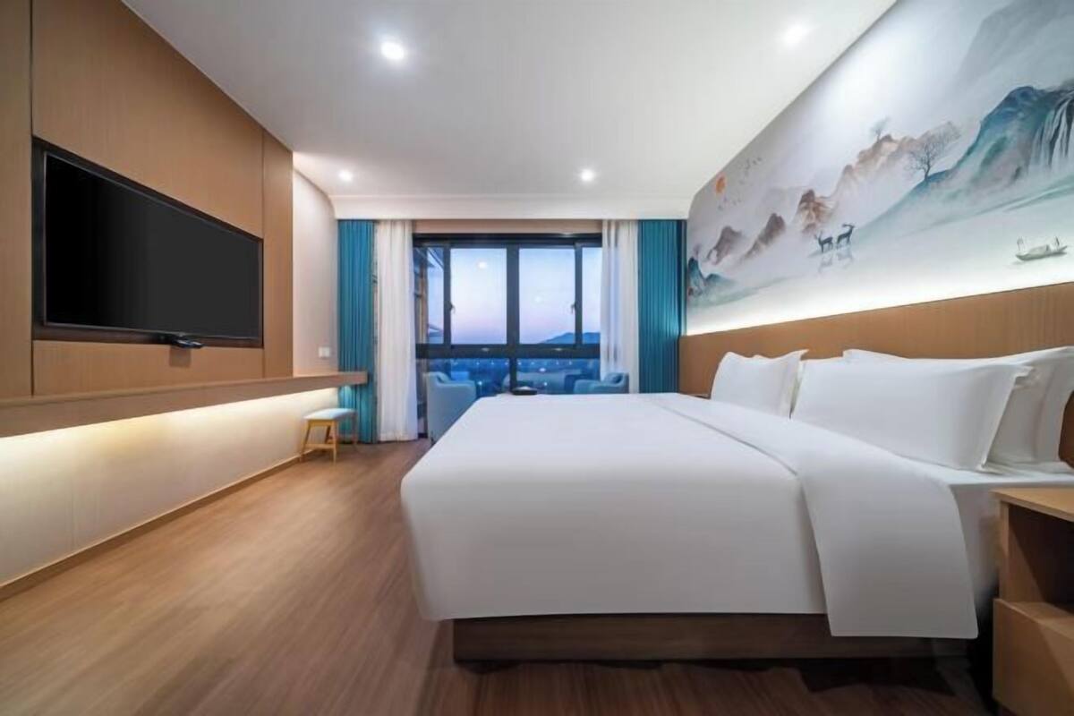 Quarto de hotel com uma cama grande, televisão de tela plana, um quadro na parede e vista pela janela.