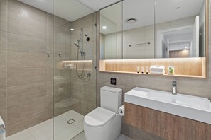 Shower, hair dryer, towels, shampoo