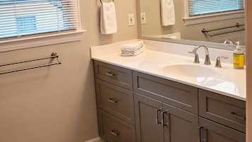 Shower, towels, soap, shampoo