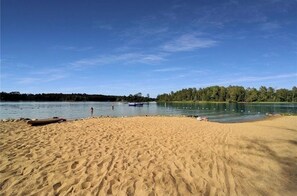 On the beach, sun loungers