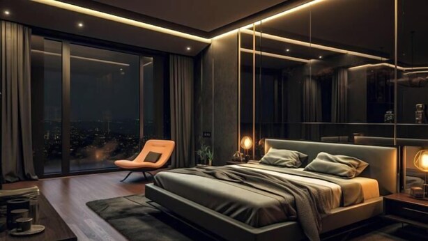 A modern bedroom with a large bed, a nightstand, a chair, and a view of the city at night. - Four Seasons Fashion Hotel (Yongkang South Railway Station Xijinqiao Pedestrian Street) (Yongkang)
