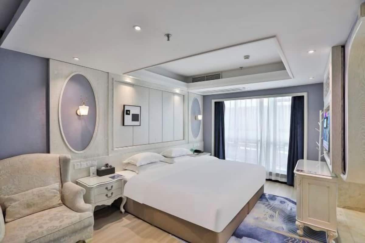 Une chambre d’hôtel moderne avec un grand lit, une table de chevet, une télévision et une vue sur la ville.