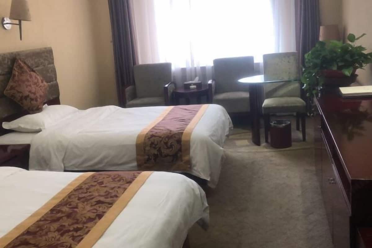 Habitación de hotel con dos camas, una mesita, una silla, un escritorio y una planta en maceta.