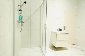 Shower, hair dryer, towels, soap