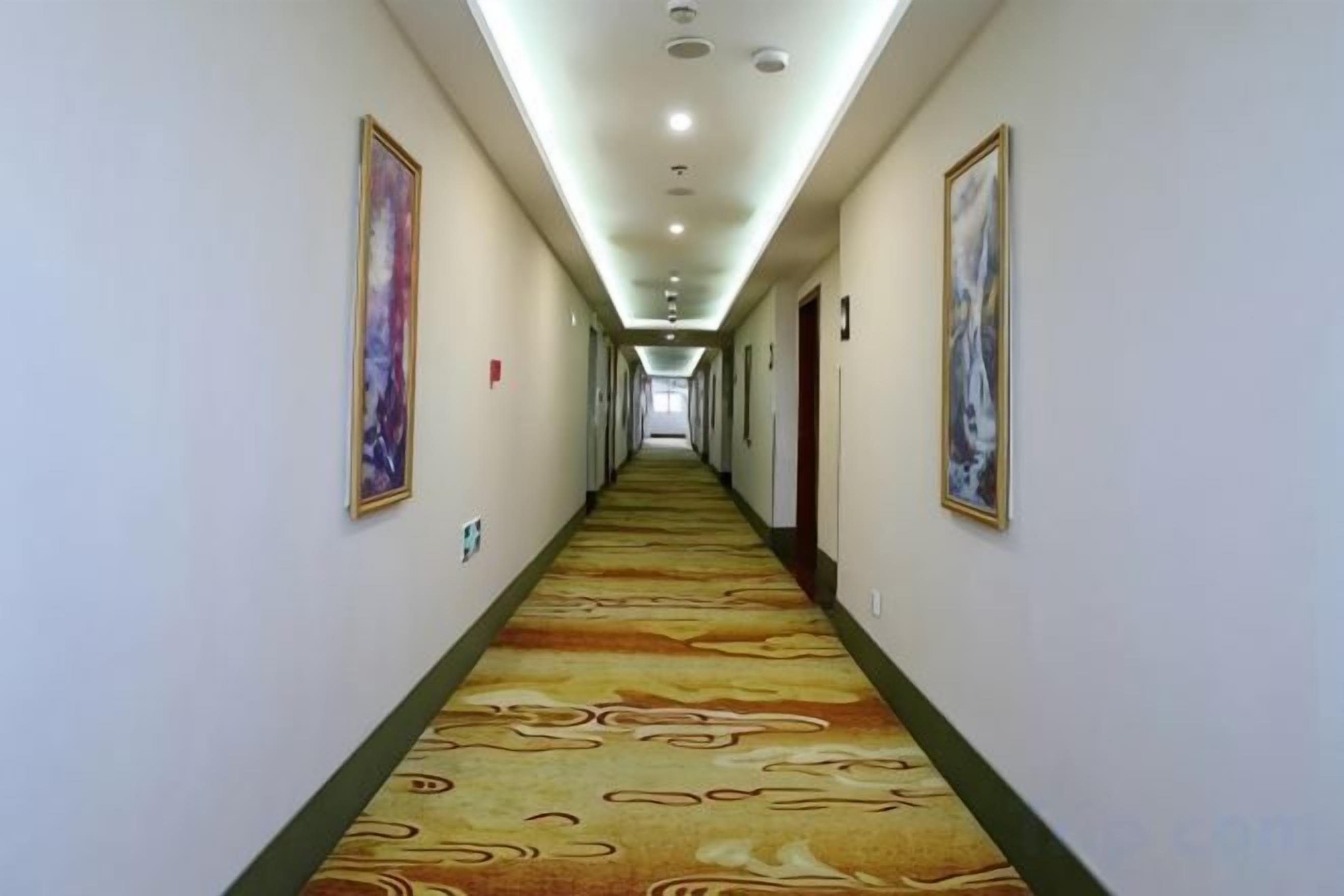 A hotel hallway with a patterned carpet, framed artwork on the walls, and doors leading to rooms.