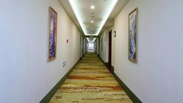 A hotel hallway with a patterned carpet, framed artwork on the walls, and doors leading to rooms.