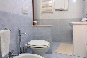 Een douche, een haardroger, een bidet, handdoeken