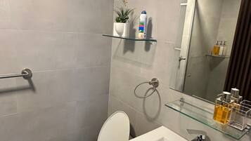 A modern bathroom with a toilet, sink, and shower area.
