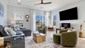 Smart TV, fireplace, books