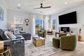 Smart TV, fireplace, books