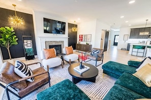 Smart TV, fireplace, video games, ping pong