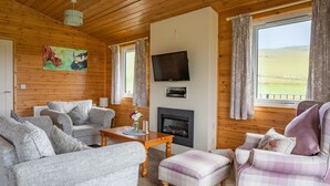 Un salón acogedor con paredes de madera, chimenea, televisor y un ventanal con vistas al campo.