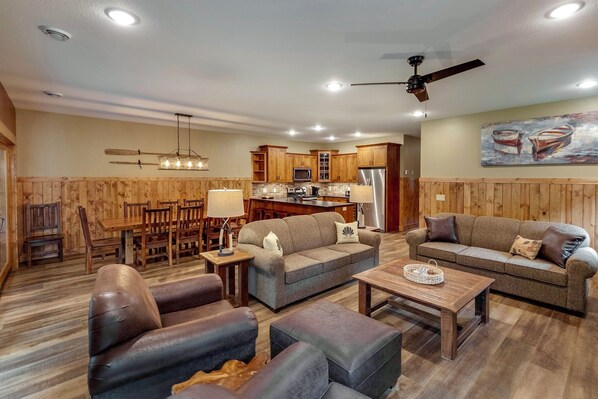 Smart TV, fireplace, video games, DVD player