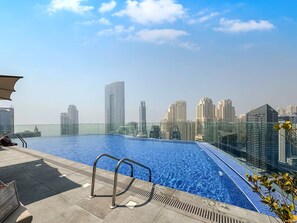 A rooftop swimming pool with a glass barrier, surrounded by high-rise buildings.