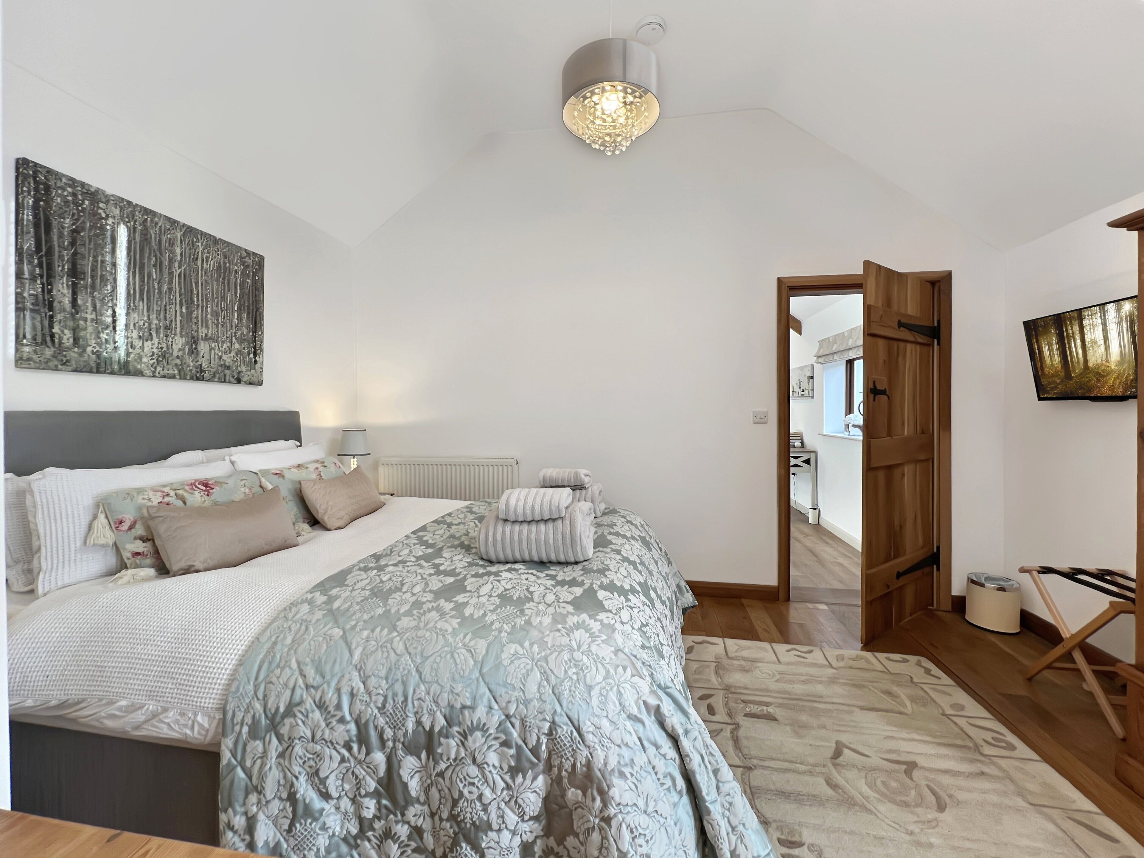 A bedroom with a large bed, a ceiling light, a radiator, and a wooden door leading to another room.