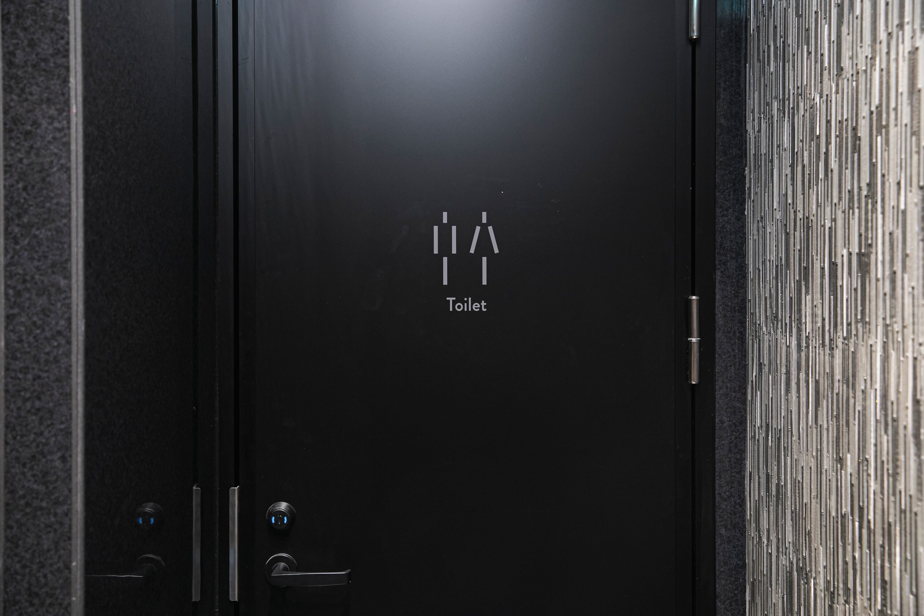 A modern, dark-colored door with a toilet symbol and the word "Toilet" indicating a restroom.