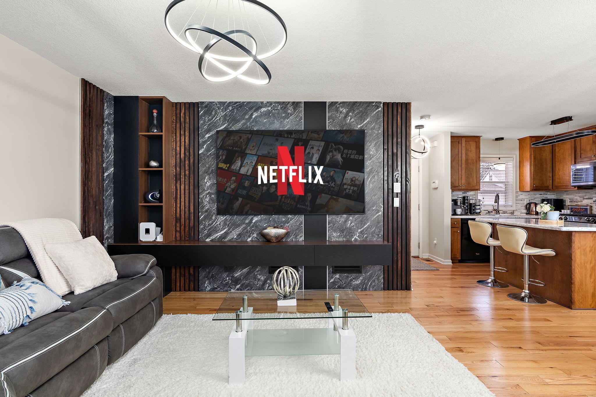 Smart TV, video library, stereo, computer monitors