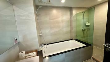 Superior Room, Balcony, City View | Bathroom | Combined shower/bathtub, hair dryer, towels, soap