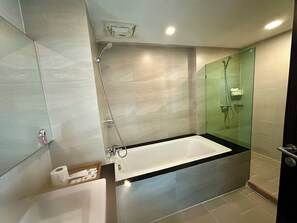 Superior Room, Balcony, City View | Bathroom | Combined shower/tub, hair dryer, towels, soap