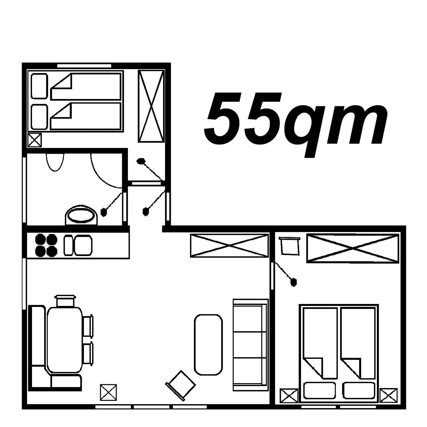Een plattegrond van een appartement van 55 vierkante meter, met een keuken, een eethoek en twee slaapkamers.