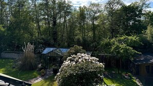 A greenhouse surrounded by lush greenery and trees.