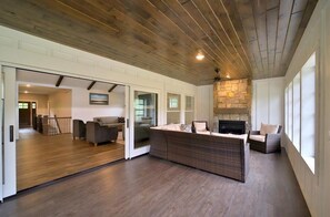 Smart TV, fireplace, video games, DVD player
