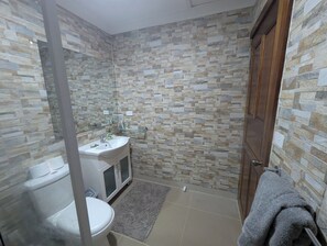 Douche, séchoir à cheveux, serviettes fournies, savon