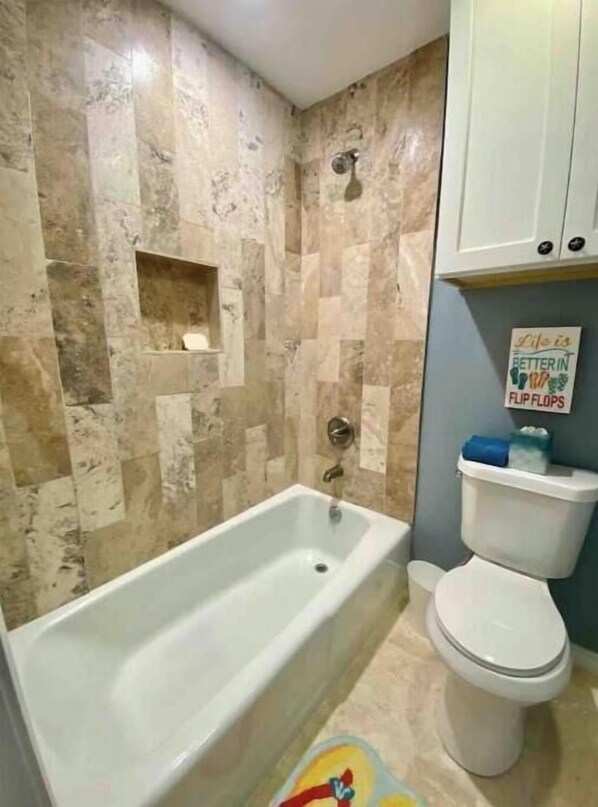 Hair dryer, towels, soap, toilet paper