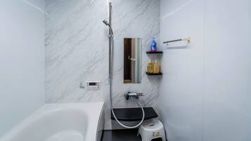 Separate bathtub and shower, free toiletries, hair dryer, slippers