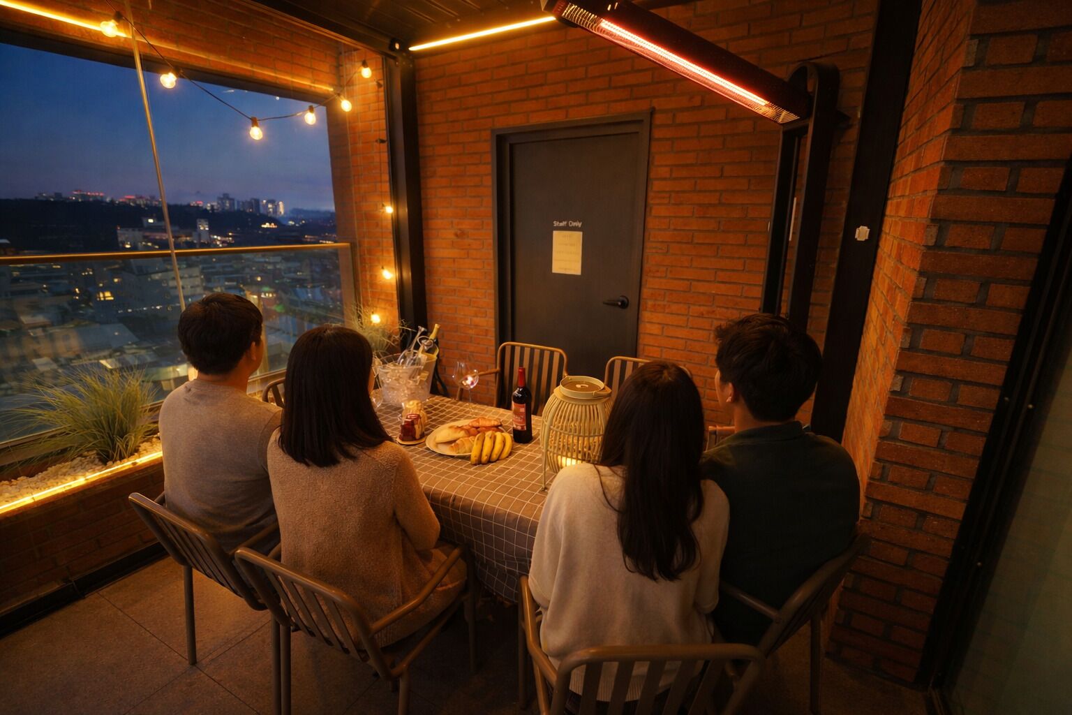 A group of people dining at a table with a city view, under string lights.