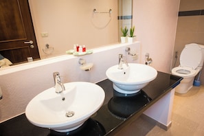 Hair dryer, towels, soap