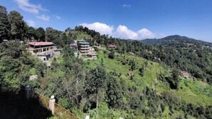 A hillside with a multi-story building, surrounded by lush greenery and a clear blue sky. - The Wild Cliff (Dhari)
