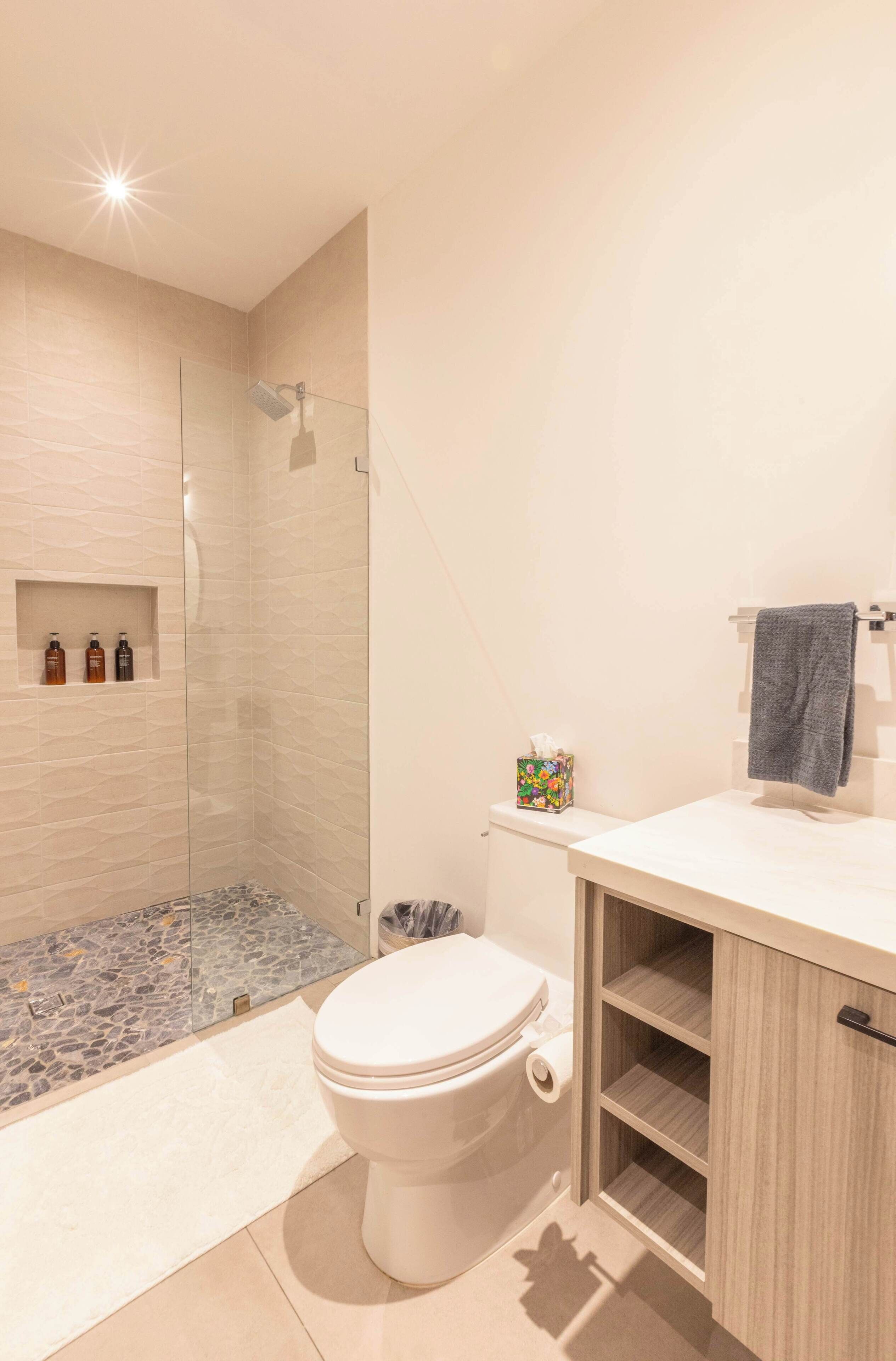Un baño moderno con ducha envuelta en vidrio, inodoro y tocador con perchero.