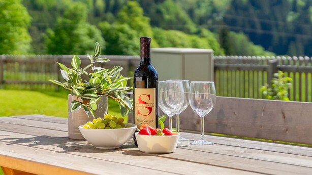 Una bottiglia di vino, due bicchieri e ciotole di frutta su un tavolo di legno, con vista sulle montagne sullo sfondo.