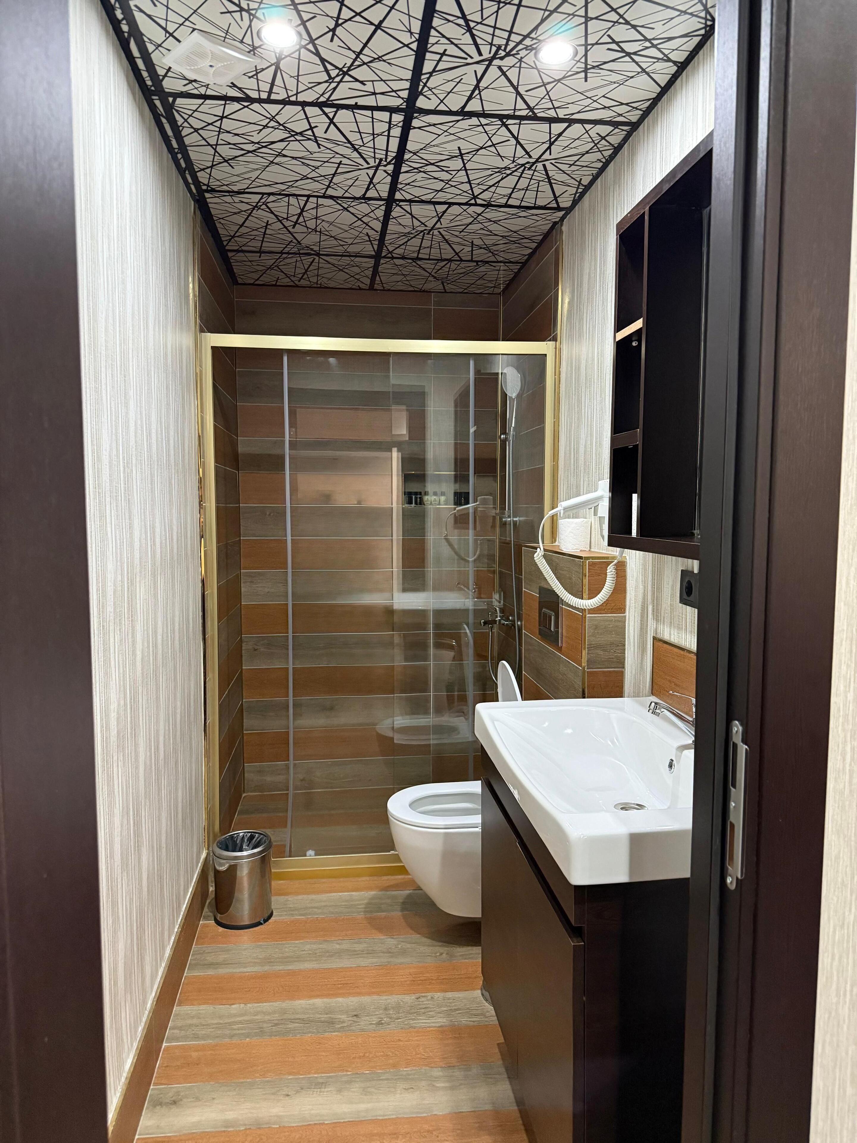 A modern bathroom with a glass shower enclosure, a white toilet, and a vanity with a mirror.