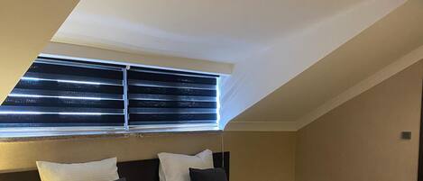A bedroom with a large bed, a headboard, and a skylight above.