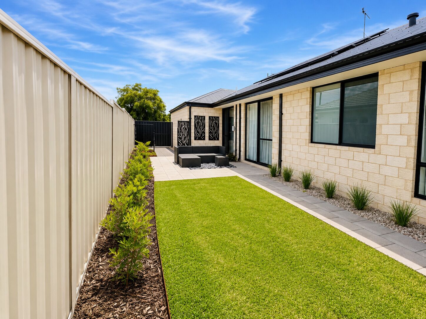 A modern house with a well-maintained lawn, a patio with outdoor furniture, and a brick exterior.