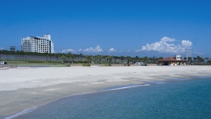 A beach with a hotel, palm trees, and clear skies. - Seagaia Forest Condominiums (Miyazaki)