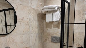 A bathroom with a sink, toilet, and shower. - DeMaree (Istanbul)