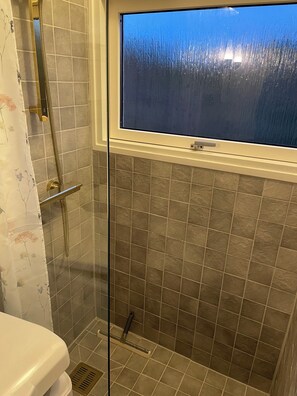 Une douche avec une porte en verre, une fenĂȘtre et un mur carrelĂ©.