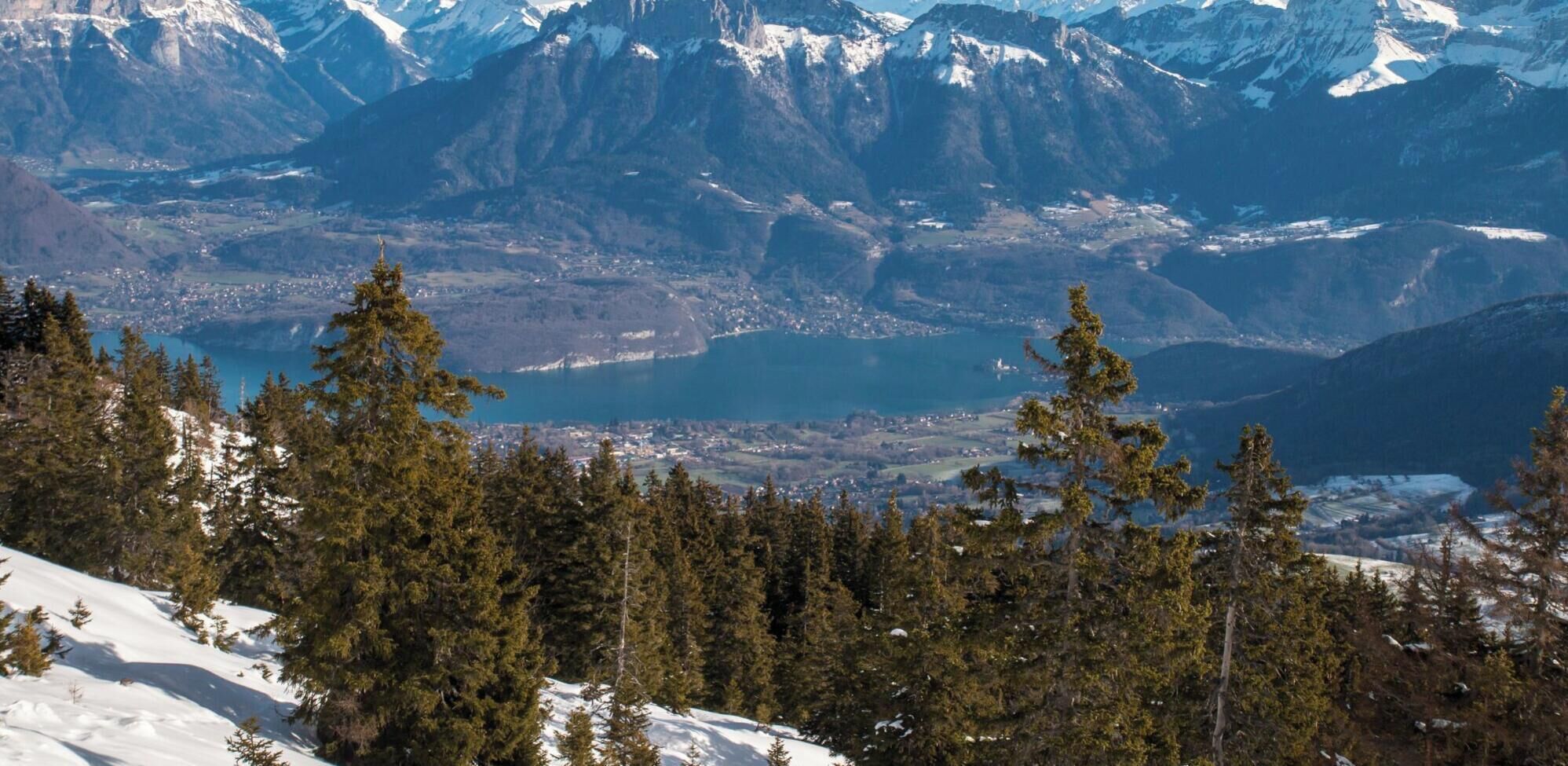 Eine Berglandschaft mit einem See, dichtem Wald und schneebedeckten Hängen.