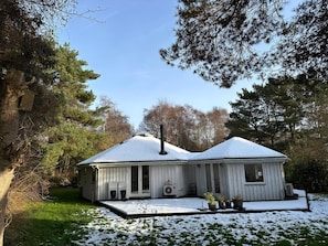Une maison dont le toit est recouvert de neige, avec une cheminée et une véranda ornée de plantes en pot.