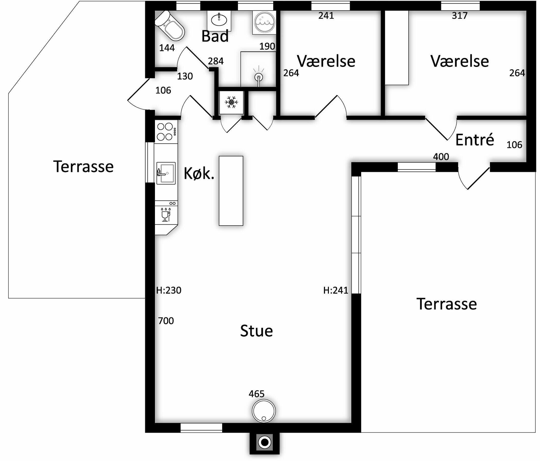 Un plan d’étage indiquant les différentes pièces, notamment la cuisine, les salles de bain et le salon.