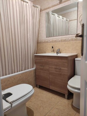 Shower, towels, soap, toilet paper