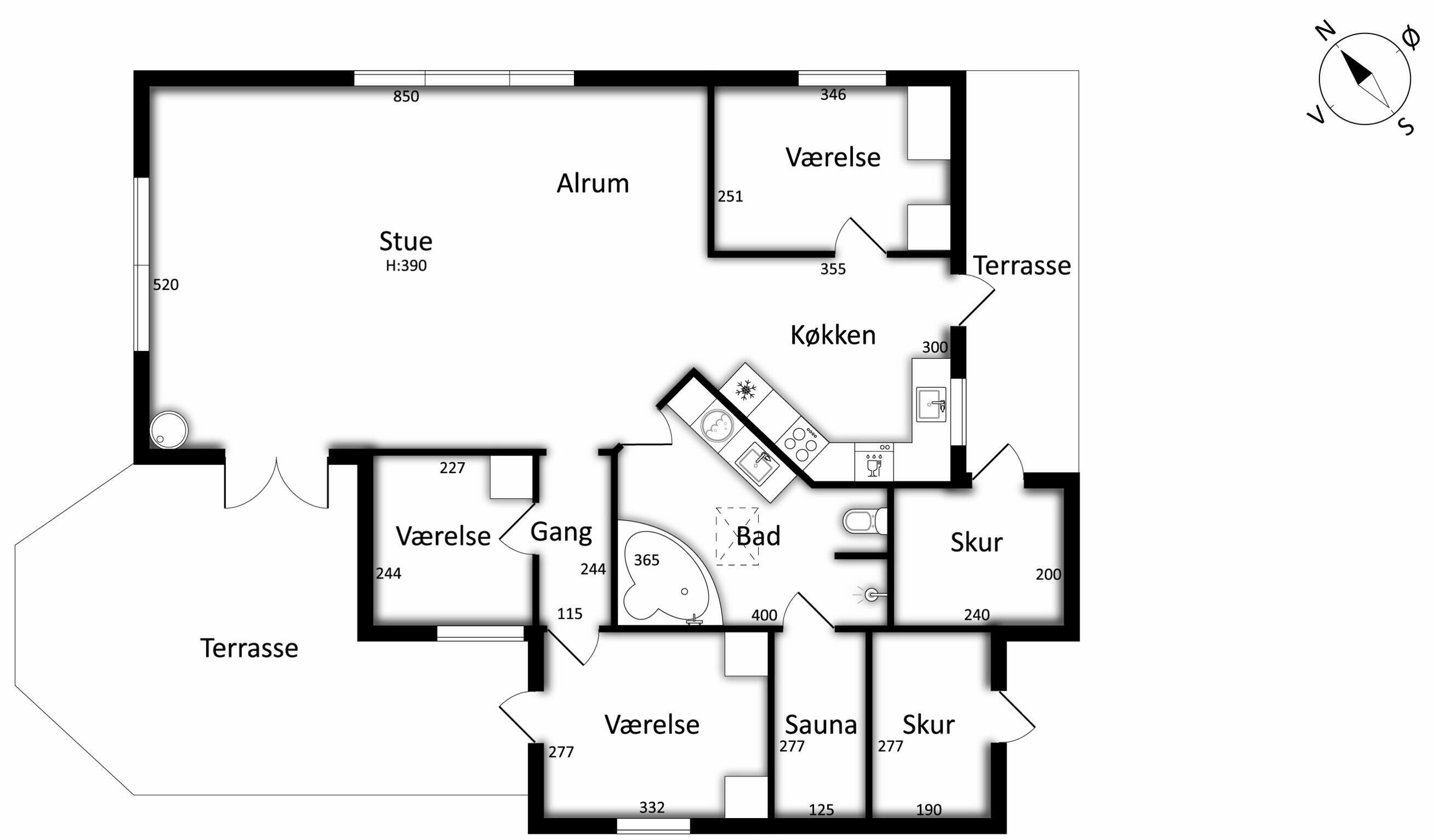 A floor plan of a hotel with labeled rooms and amenities, including a terrace, a sauna, and a kitchen area.