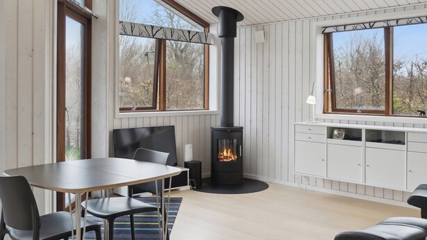 Ein modernes Interieur mit einem zentralen Kaminofen, großen Fenstern und einem Essbereich mit Stühlen.